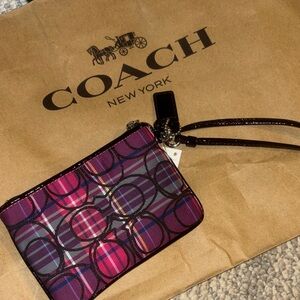 Coach Purple Plaid Signature Wristlet with Pink Accents